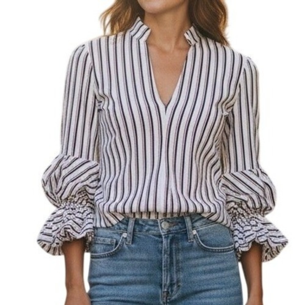 Greysn Stripe Blouse Size M‎ NWT Mock Neck Balloon Sleeve Red White Blue Ruffle